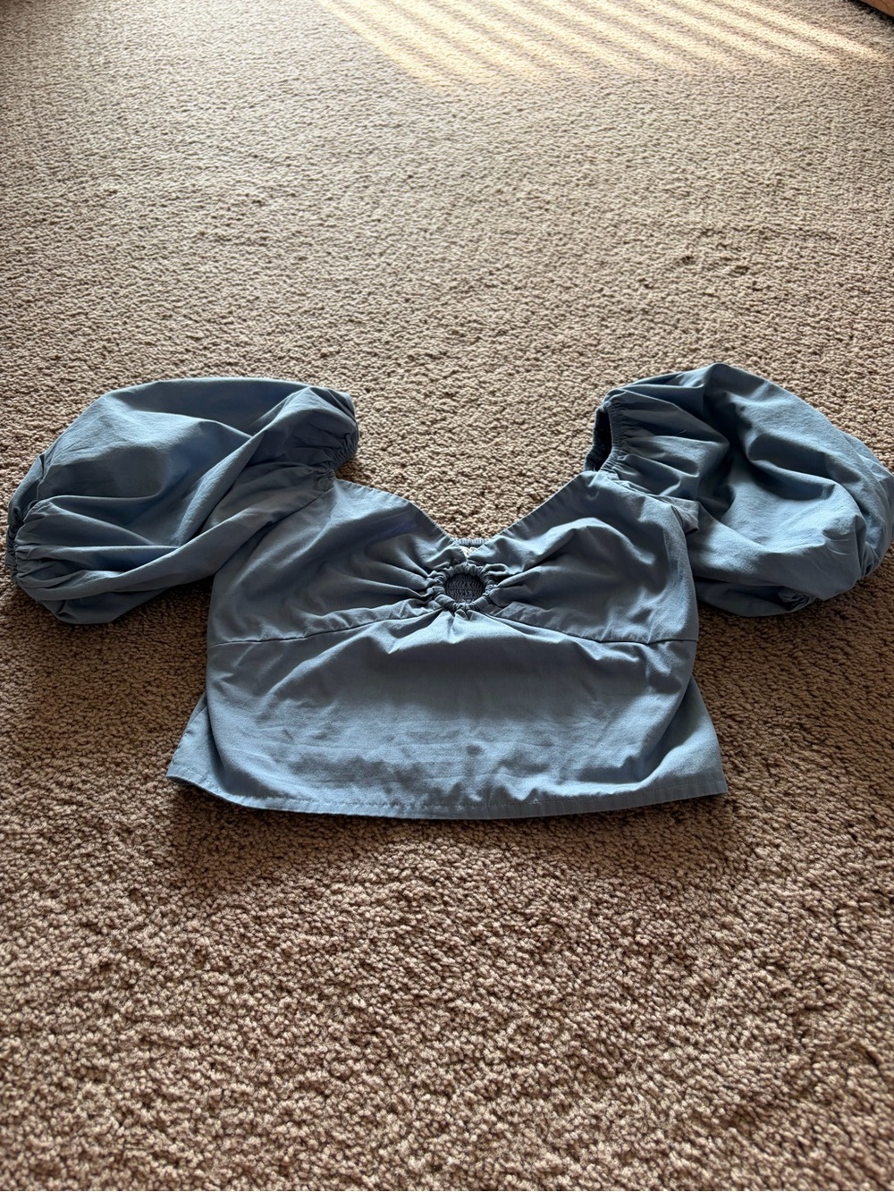 Abercrombie & Fitch Dusty Blue Puff-Sleeve Cropped Top